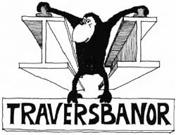 Tecknad illustration: apa hängande i en traversbana